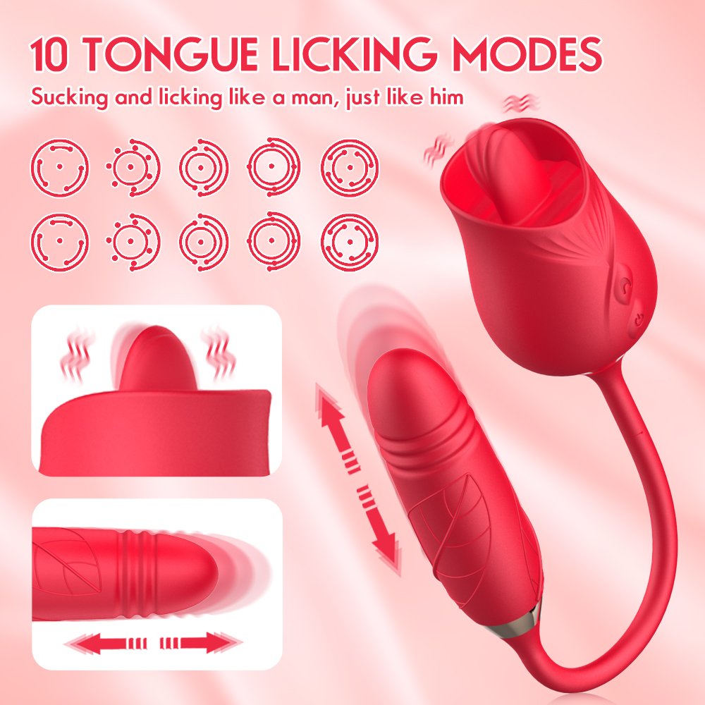 Rose Toy, Tongue Vibrator with Thrusting Dildo